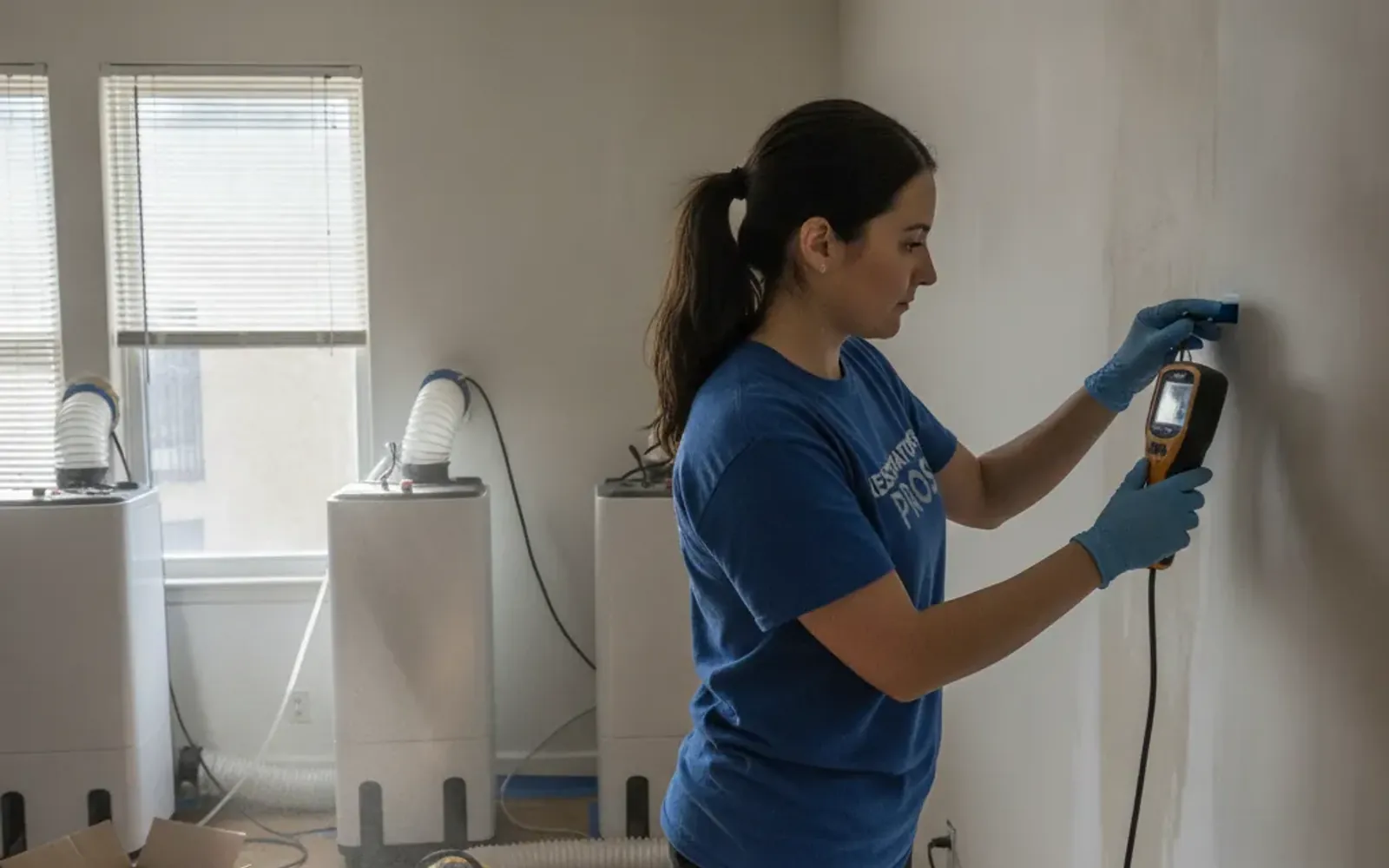 Technician checking a moisture meter against drywall during a structural dry-out in a Los Angeles apartment